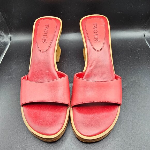 Vintage Two Lips Jiffy Cut-Out Wooden Sandals Red Leather Size 9 Made in Brazil - Picture 1 of 7